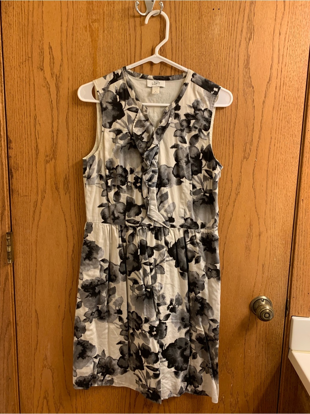 LOFT Black & White Floral Ruffle-Front Mini Dress